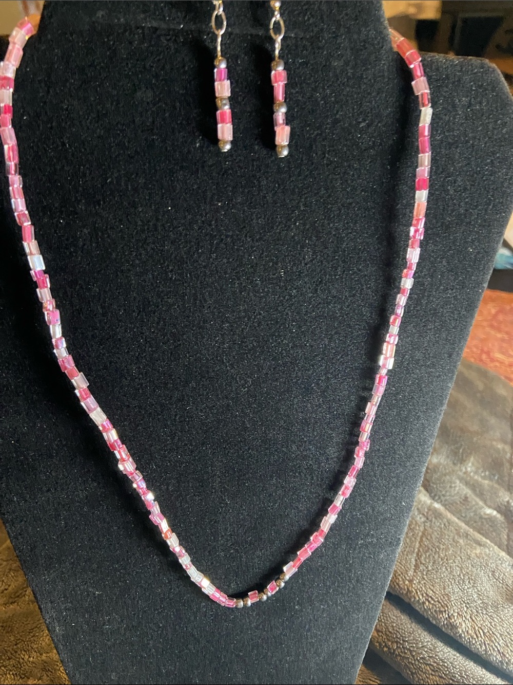 Handmade Pink Beaded Necklace & Earrings Set